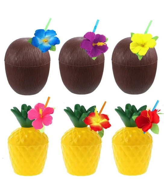 Ananas & Hindistan Cevizi Tasarımlı Pipetli Bardak Seti (6 Adet)