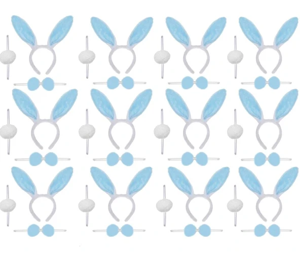 Mavi Tavşan Kostüm Seti – Taç Papyon Ponpon 12 li Paket ürün görseli 1
