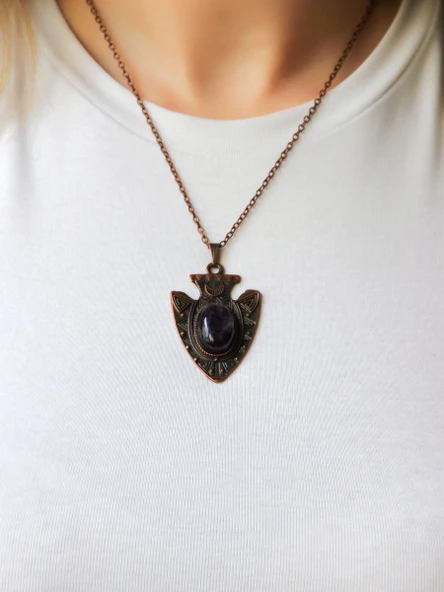 Doğal Taş Ametist Doğal Taşlı Otantik Kadın Kolye 45 Cm Zincirli euk12bat - Resim 2