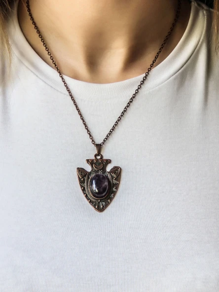 Doğal Taş Ametist Doğal Taşlı Otantik Kadın Kolye 45 Cm Zincirli euk12bat - Resim 3