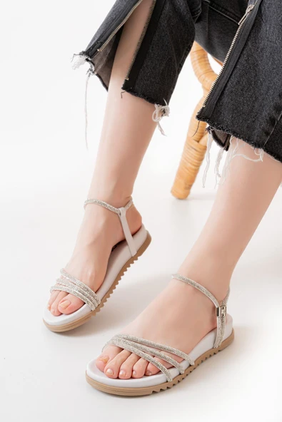 Beyaz Taşlı Kadın Sandalet - 5