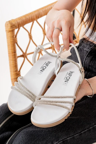 Beyaz Taşlı Kadın Sandalet - 4