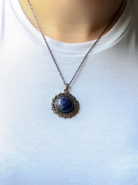 Doğal Taş Lapis Doğal Taşlı Desenli Otantik Kadın Kolye 45 Cm Zincirli euk28lps - 3