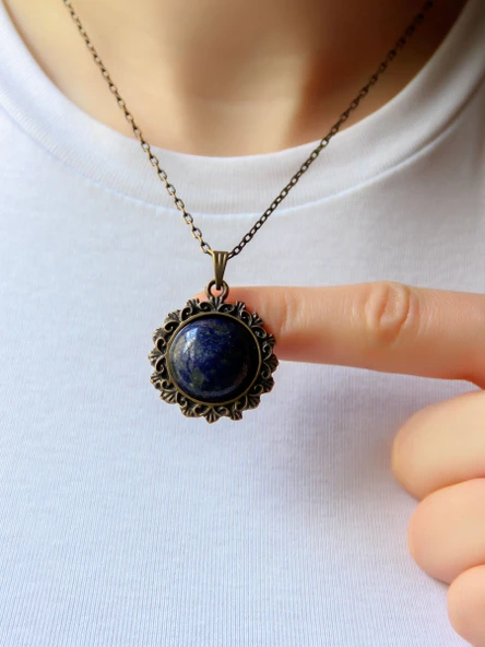 Doğal Taş Lapis Doğal Taşlı Desenli Otantik Kadın Kolye 45 Cm Zincirli euk28lps - 1