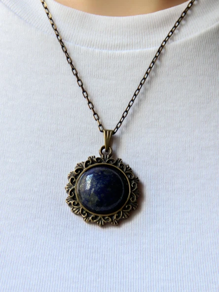 Doğal Taş Lapis Doğal Taşlı Desenli Otantik Kadın Kolye 45 Cm Zincirli euk28lps - 2