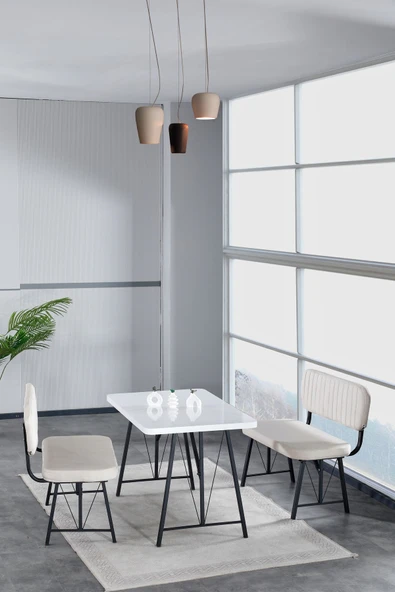Hayat 70x110 Beyaz Mutfak Masası, Mutfak Masası Takımı, Yemek Masası, 2 Benchli - Krem
