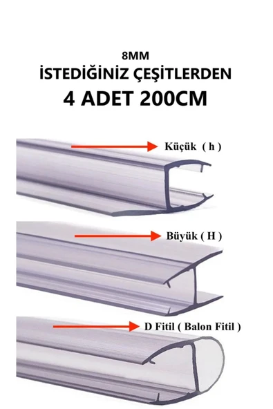 BABAWİCK  Cam Balkon 8 Mm Şeffaf Fitil Istediğiniz Çeşitten 4 Adet Büyük H, Küçük H, D Fitil Max 200cm