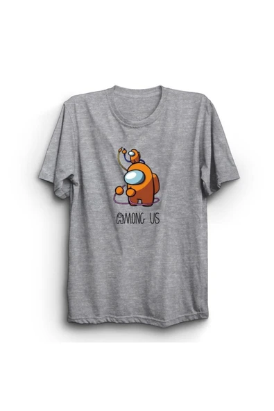 fame-stoned  Among Us, Oyun Baskılı Unisex %100 Pamuk Gri T-shirt