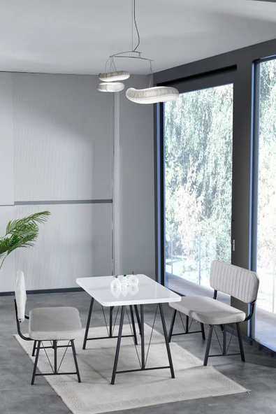 Hayat 70x110 Beyaz Mutfak Masası, Mutfak Masası Takımı, Yemek Masası, 2 Benchli - Açık Gri