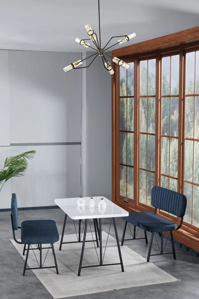 Hayat 70x110 Beyaz Mutfak Masası, Mutfak Masası Takımı, Yemek Masası, 2 Benchli - Lacivert