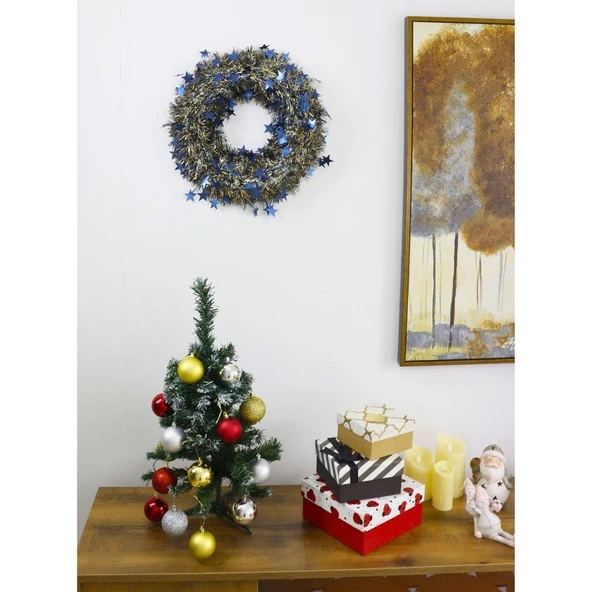 T.Concept Yılbaşı Ön Kapı Süsü Yeni Yıl Noel Dekorasyon Mavi Gold Yıldızlı Çelenk - 2