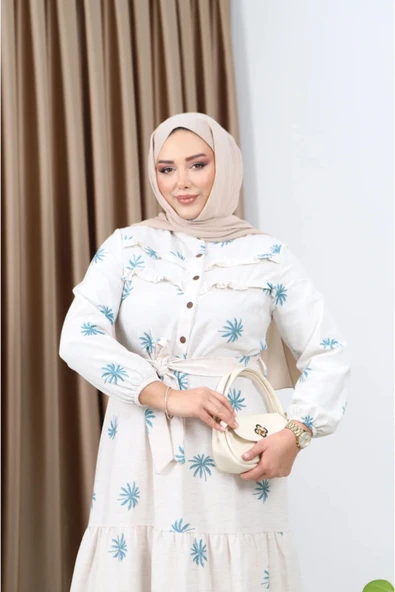 NARİKA Keten Kumaş Palmiye Desenli Yazlık Elbise Yeni Sezon - 2