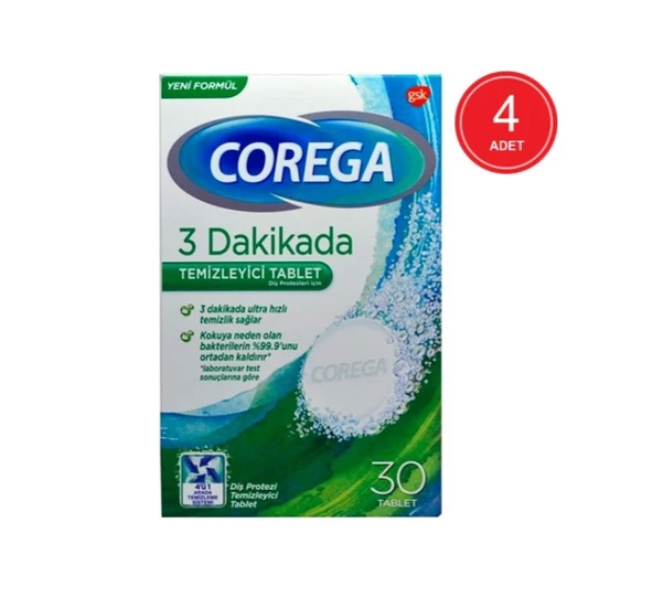 Corega 3 Dakikada Protez Temizleyici Tablet 30\'lu x 4 Paket