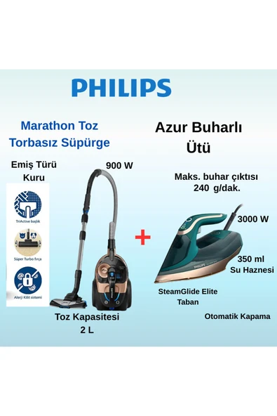Philips  Marathon 900 W Toz Torbasız Süpürge+PHILIPS Azur Buharlı Ütü HEDİYE