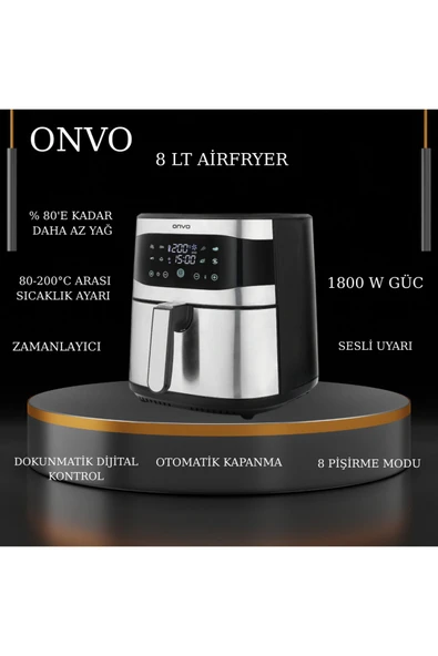 ONVO  1800 W gücü sayesinde hızlı ve etkili pişirme 8 LT Airfryer