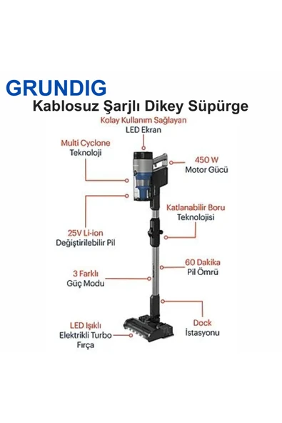 Grundig  Ultra Pro Kablosuz Şarjlı Dikey Süpürge Siyah Gümüş
