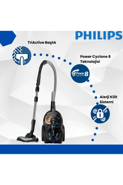 Philips  Phılıps Toz Torbasız Süpürge 900W Güç ALLERGYH13 Filtre Alerjii Kilit Sistemi