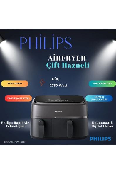 Philips  Ailenizin tüm öğününü tek seferde hazırlar! Çift Hazneli Airfryer Siyah