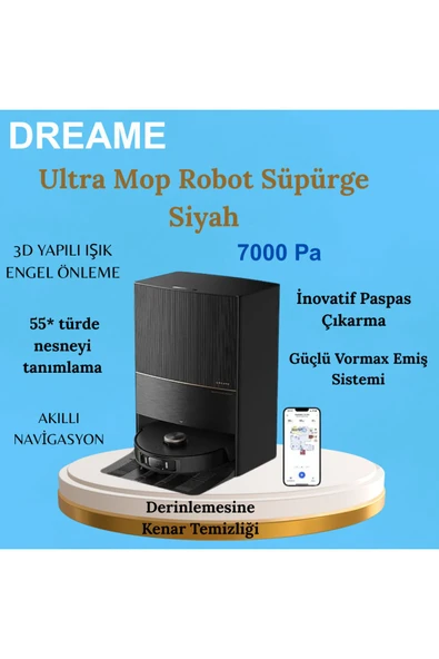 Dreame  En Gelişmiş ve Güçlü Süpürme SistemiUltra Kenar Temizliği Mop Robot Süpürge Siyah