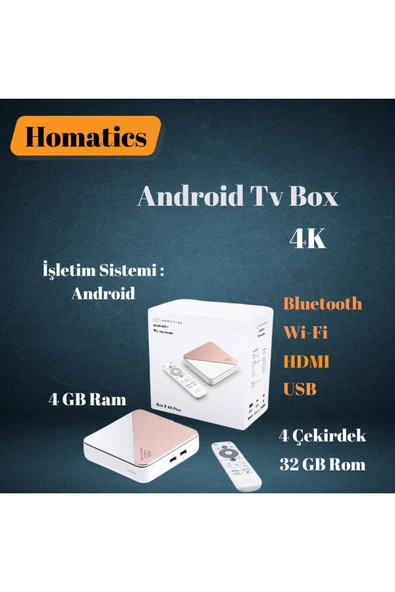 Homatics  4GB Ram/32GB Depolama,4K Plus Lisanslı Android Tv Box Rose Gold