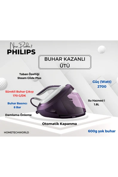 Philips  Zahmetsiz ütüleme. Hızlı sonuçlar İçin Buhar Kazanlı Ütü -Mor