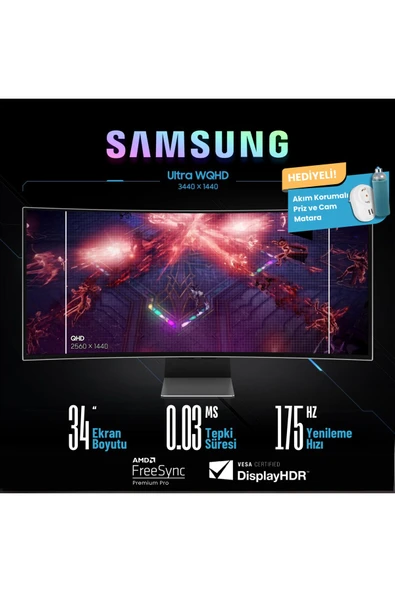 Samsung  Smart Odyssey OLED G8 34 inç 0.1ms 175Hz Gaming Monitör Gümüş Kumandalı Kavisli