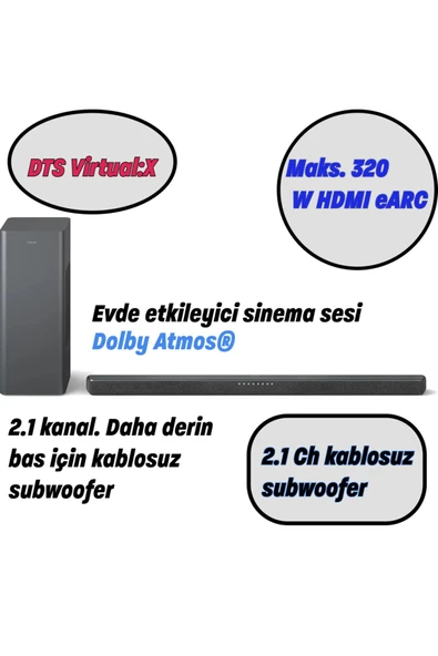 Philips  LE Ses desteğiyle Bluetooth 5.3  2.1 Kanal 160 W Soundbar
