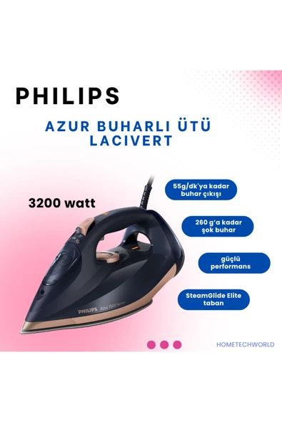 Philips  3200w güç Kırışıklıklar için 55g/dk'ya kadar buhar çıkışı  Azur Buharlı Ütü Lacivert