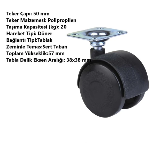 Adilon Ofis Koltuk Dolap 360 Derece Döner Tablalı Plastik Tekerlek - 50 mm Çap - 3