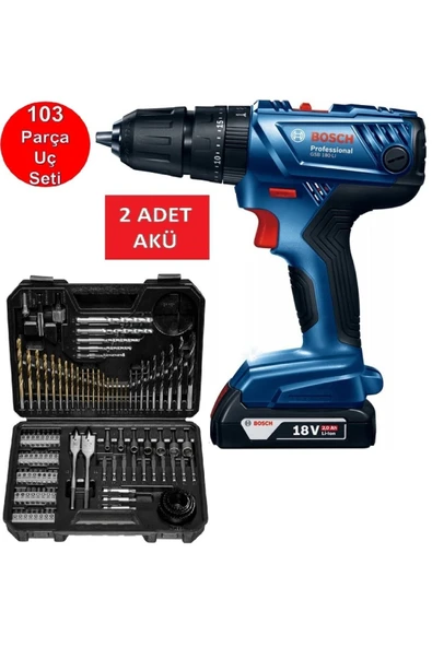 Bosch  Gsb 180-LI Şarjlı Darbeli Matkap Çift Akülü 18V 2Ah Akülü Vidalama + 103 Parça Matkap Ucu Seti