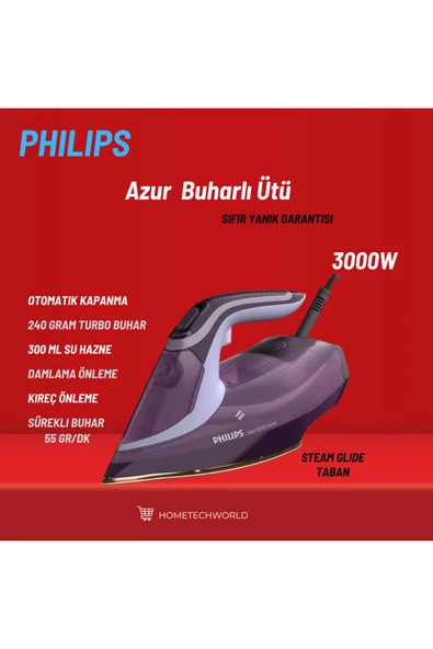 Philips  Azur Buharlı Ütü, 3000W, OptimalTEMP, 55 g/dk Sürekli Buhar Mor
