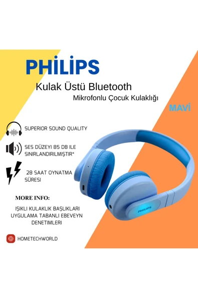 Philips  Kablosuz Kulak Üstü Bluetooth Mikrofonlu Çocuk Kulaklığı Mavi