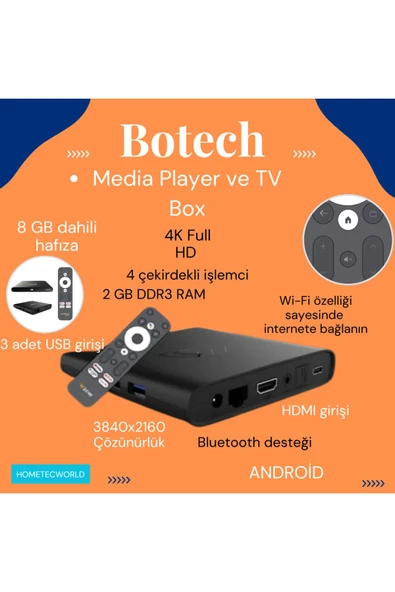 BOTECH'S  4 çekirdekli işlemci Yüksek çözünürlük 4K Android TV Box
