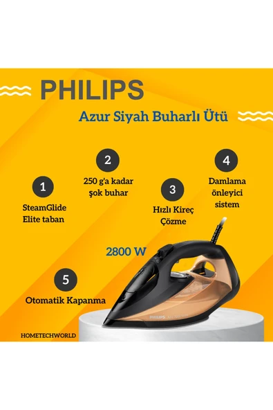 Philips  Azur 2800W Siyah/gold Buharlı Ütü