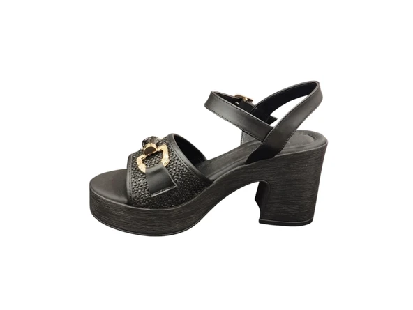 Ventes 11125221Z Bantlı 8 cm Kalın Topuklu Taş Toka Detaylı Günlük Kadın Hasır Sandalet - 2