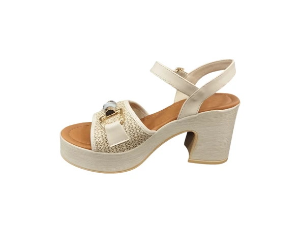 Ventes 11125221Z Bantlı 8 cm Kalın Topuklu Taş Toka Detaylı Günlük Kadın Hasır Sandalet - 6