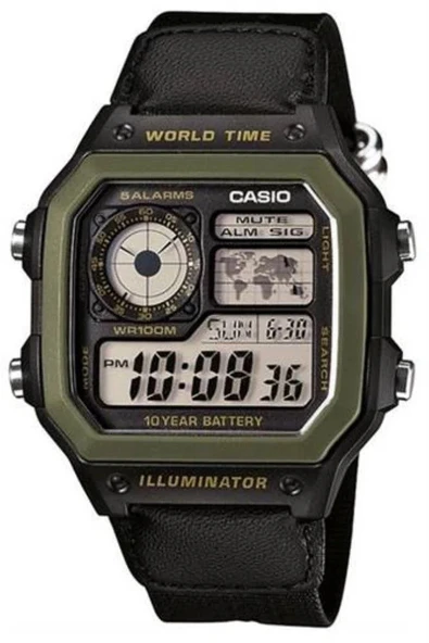 CASIO AE-1200WHB-1BVDF SİYAH KUMAŞ KORDON DİJİTAL KARE ERKEK KOL SAATİ