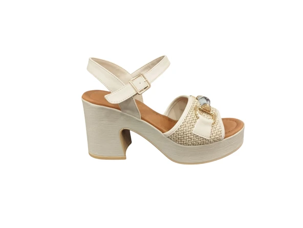 Ventes 11125221Z Bantlı 8 cm Kalın Topuklu Taş Toka Detaylı Günlük Kadın Hasır Sandalet - 5