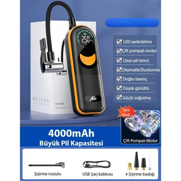 Coofbe 4000Mah Şarjlı 60W 150PSİ Motosiklet Bisiklet Oto Lastik Şişirme Pompası Hava Kompresörü - 5