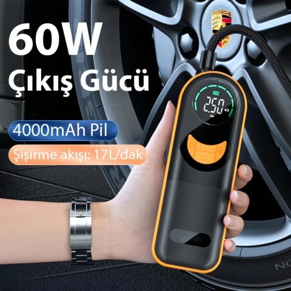 Coofbe 4000Mah Şarjlı 60W 150PSİ Motosiklet Bisiklet Oto Lastik Şişirme Pompası Hava Kompresörü - 3