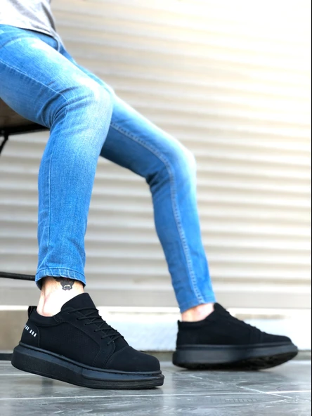 ET0548 Kalın Yüksek Siyah Taban Siyah Bağcıklı Spor Erkek Ayakkabı - Resim 2