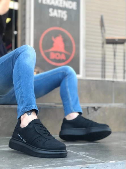 ET0548 Kalın Yan Desenli Yüksek Siyah Taban Siyah Bağcıklı Spor Erkek Ayakkabı - Resim 2