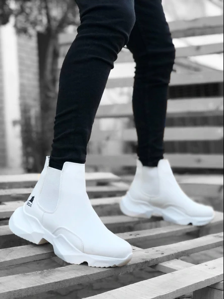 ET0444 Bağcıksız Rahat Yüksek Taban Beyaz Erkek Spor Yarım Bilek Bot - Resim 2