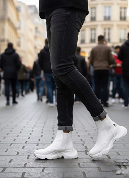 ET0444 Bağcıksız Rahat Yüksek Taban Beyaz Erkek Spor Yarım Bilek Bot - Resim 3