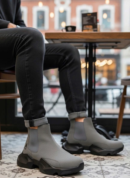 ET0444 Bağcıksız Rahat Yüksek Taban Füme Erkek Spor Yarım Bilek Bot - Resim 3