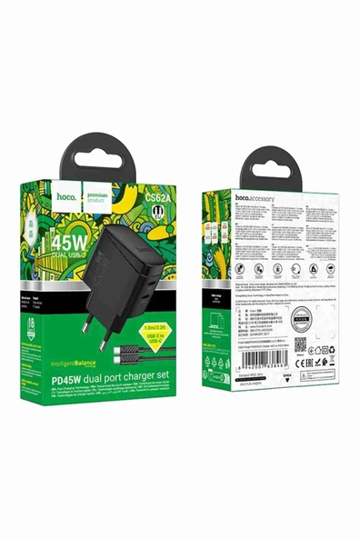 Hoco CS62A Bright 45W 2 Adet Type-C Çıkışlı Ekstra Type-C to Type-C Kablolu PD Hızlı Şarj Aleti - Resim 8