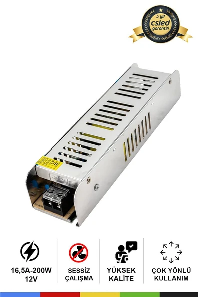 CSled  12V 16,5 Amper 200 Watt Metal Dar Kasa Fansız Adaptör – Sessiz ve Güçlü Güç Kaynağı