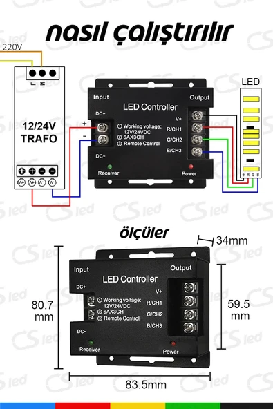 CSled  RGB Dokunmatik Şerit LED Kumanda & Kontrol Cihazı – 36A, 12/24V, RF Uzaktan Kumanda - 5