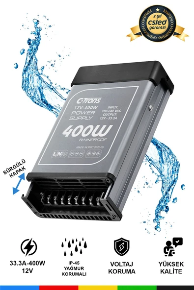 Ctrons  IP45 Yağmur Korumalı 12V 33.3A Güç Kaynağı, 400W LED Sürücü AC/DC Trafo Dönüştürücü