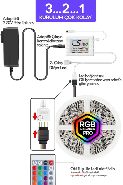CSled  5 Metre Animasyonlu RGB Şerit LED - Tak Çalıştır, Kumandalı, Trafolu Aydınlatma - Parti - Dekorasyon - 5
